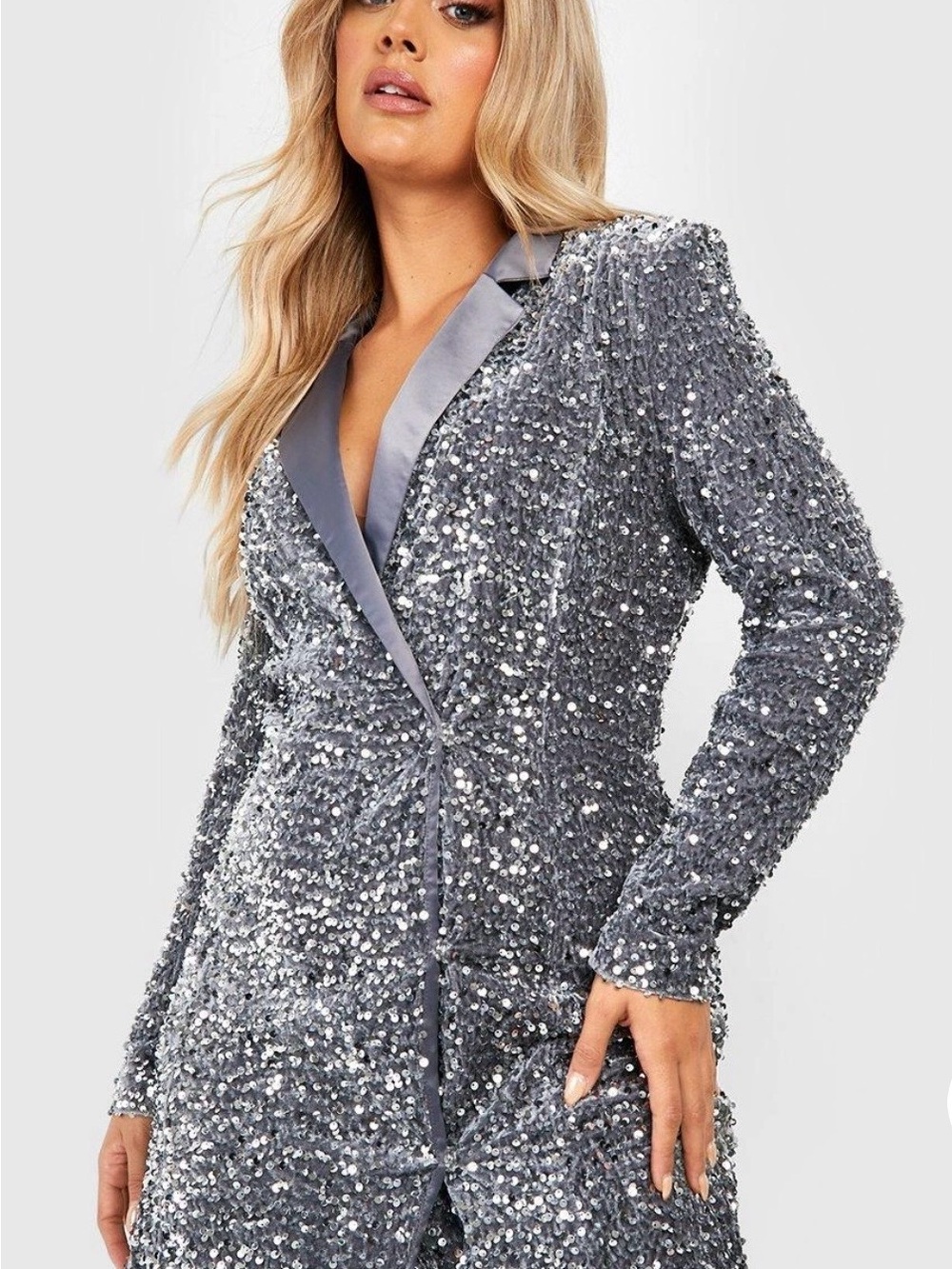 Boohoo Velvet Sequin Wrap Blazer Dress Sequin- silver US 14